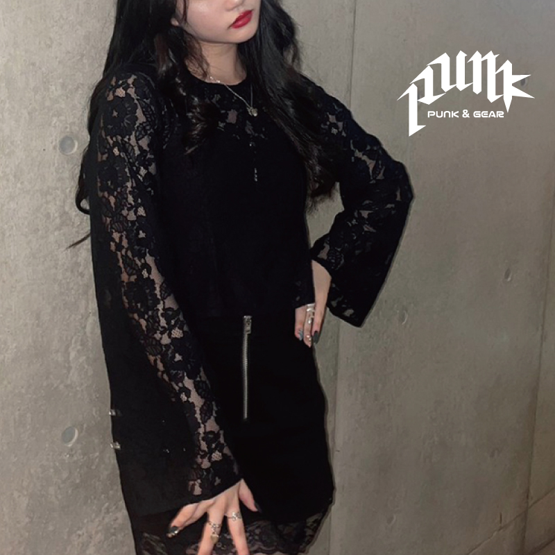 長袖 レース トップス シースルー レディース クロップド丈 トップス y2k サブカル かわいい かっこいい パンク ロック スタイル ファッション トップス 短め丈 韓国 アイドル 衣装 S M ジュニア 衣装 PUNK&GEAR