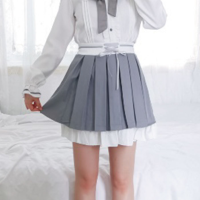 レディース スカート グレー 韓国 リボン 編み込み風 ホワイト 白 可愛い 大人 レディース 春 夏 韓国 ボトムス プリーツスカート 制服 韓国服 衣装 ネコポス不可 返品交換不可