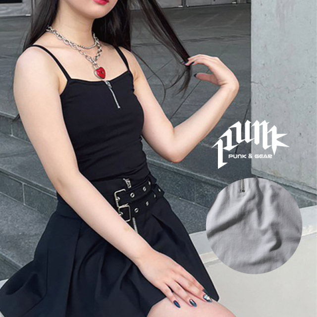 キャミソール レディース クロップド丈 トップス ジップ付き y2k サブカル トップス 白 黒 ジップ付き 無地 キャミソール かわいい かっこいい パンク ロック スタイル ファッション タイト トップス 短め丈 韓国 アイドル 衣装 S M 小さめ ジュニア 衣装 PUNK&GEAR