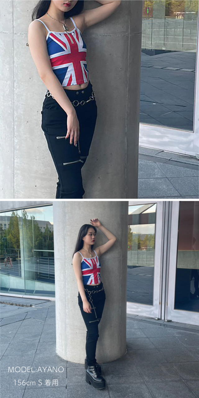 ジュニアアイドル キャミソール キャミソール レディース クロップド丈 トップス ジップ付き ユニオンジャック y2k サブカル かわいい かっこいい パンク ロック ファッション  タイト トップス 短め丈 韓国 アイドル 衣装 ライブ 参戦服 参戦コーデ コンサート ダンス衣装 S M 小さめ 衣装 PUNK&GEAR