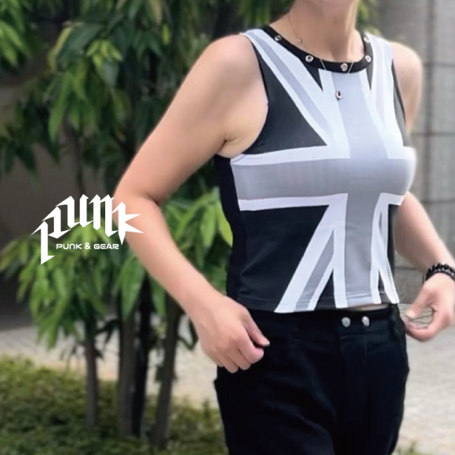 タンクトップ レディース クロップド丈 トップス y2k サブカル ユニオンジャック 袖なし ノースリーブ かわいい かっこいい パンク ロック スタイル ファッション タイト トップス 短め丈 韓国 アイドル 衣装 S M 小さめ ジュニア 衣装 PUNK&GEAR