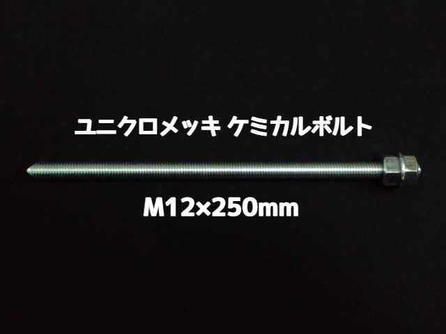 ケミカルボルト アンカーボルト ユニクロメッキ M12×250mm 寸切ボルト1本 ナット2個 ワッシャー1個 Vカット 両面カット「取寄せ品」