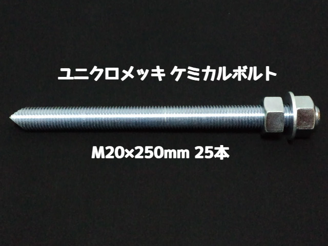 ケミカルボルト アンカーボルト ユニクロメッキ M20×250mm 25本 寸切ボルト1本 ナット2個 ワッシャー1個 Vカット 両面カット「1度のご注文で1個(25本)迄」「取寄せ品」