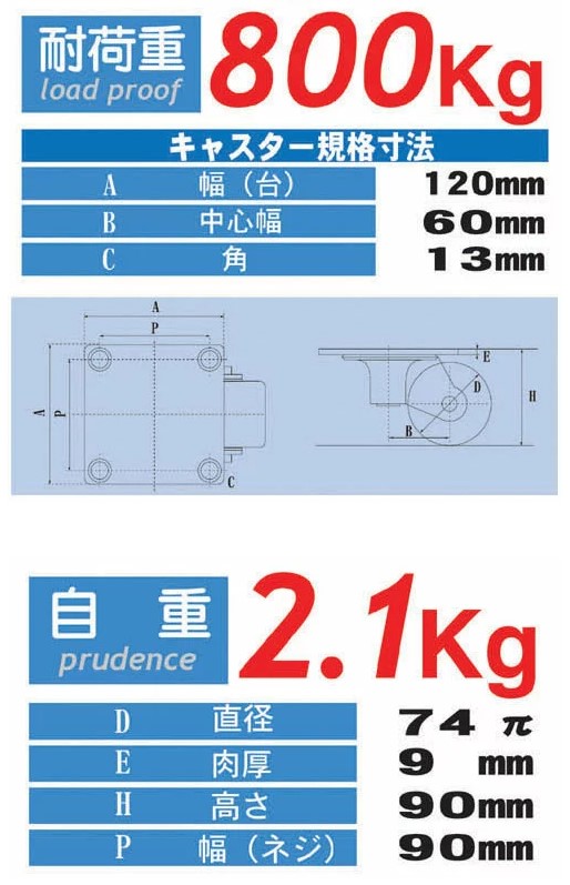 テム製 耐荷重アルミキャスター 1個 タイヤ径74Φ 耐荷重800kg ウレタンタイヤ「別途送料ご連絡」「キャンセル/変更/返品不可」