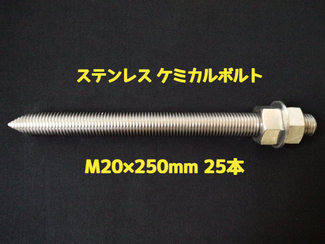 ケミカルボルト アンカーボルト ステンレス SUS M20×250mm 25本 寸切ボルト1本 ナット2個 ワッシャー1個 Vカット 両面カット SUS304 ケミカルボルト「1度のご注文で1個(25本)迄」「取寄せ品」