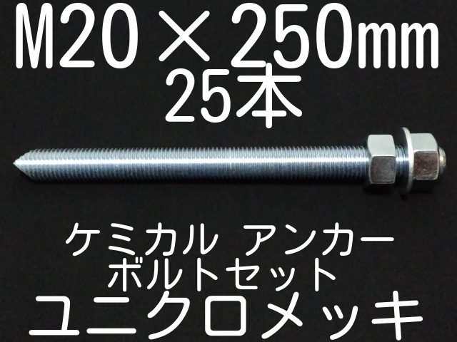 ケミカルボルト アンカーボルト ユニクロメッキ M20×250mm 25本 寸切ボルト1本 ナット2個 ワッシャー1個 Vカット 両面カット「1 度のご注文で1個(25本)迄」「取寄せ品」