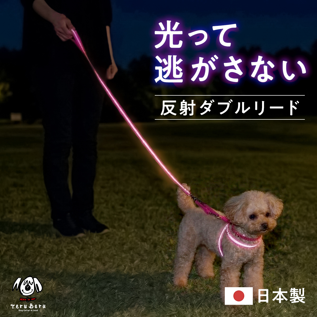ワンダーフィット 光る リード 犬 反射 すっぽ抜け防止 ダブルリード 夜間 夜道 目立つ 散歩 安全 かわいい おしゃれ 小型犬用 中型犬用 外れ 防止 外れ防止 犬リード 絡まない 外れない リード用ストラップ 二重リード 手持ち