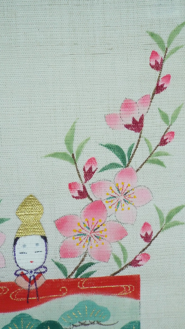 手描きタペ・桃盛り立雛