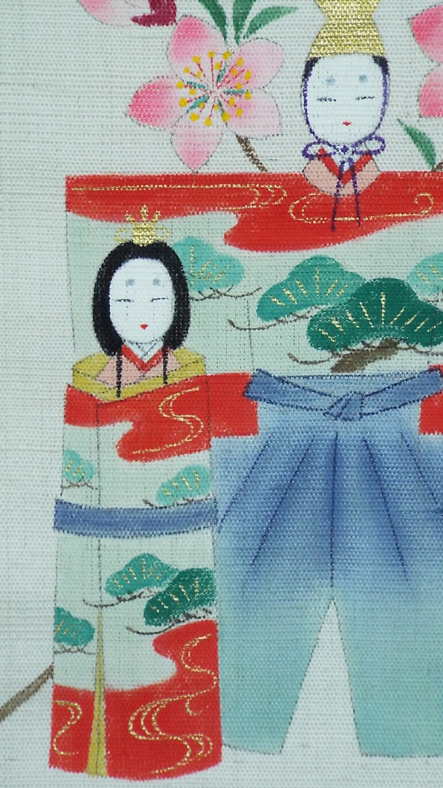 手描きタペ・桃盛り立雛