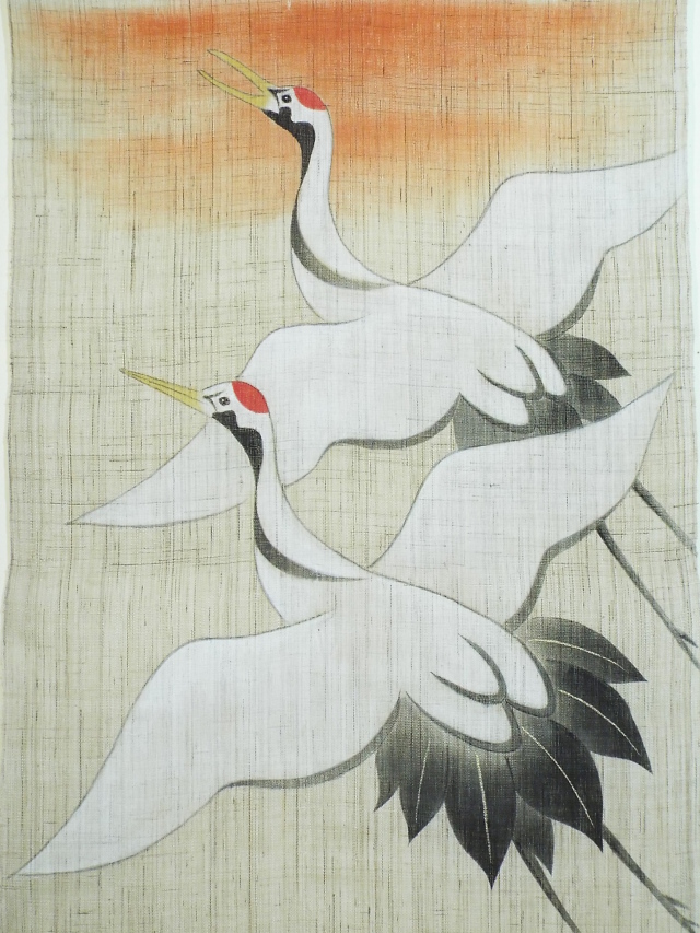 手描きタペストリー　朝日鶴3