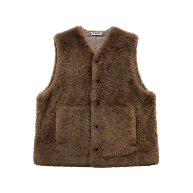 AURALEE STRAIGHT MERINO MOUTON FUR VEST BROWN