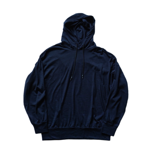 O- MERINO HOODIE Black Navy Stripe