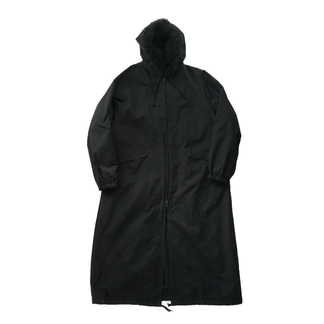 COMOLI フーデッド ロングコート BLACK
