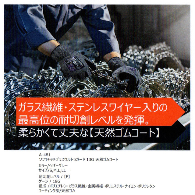 おたふく手袋 A-481 ソフトキャッチプラスウルトラガード 13G 天然