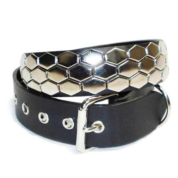 正規取扱店666 Studded Gear 666スタッデッドギア　3連ヘキサゴンスタッズベルト　ブラックレザーxシルバースタッズ