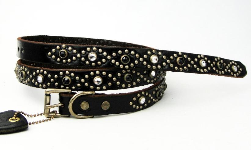正規取扱HTC #STYLE-D Black & Clear Stone Narrow Studs Belt(ブラック＆クリアーストーンナロースタッズベルト)ブラックレザー
