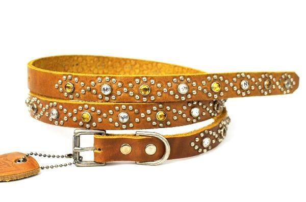 正規 HTC #STYLE-D　Amber & Clear Stone Narrow Studs Belt(アンバー＆クリアーストーンナロースタッズベルト) ライトブラウンレザー