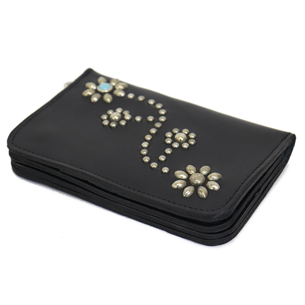 HTC ミディアムウォレット ブラックレザー　フラワースタッズ ターコイズ HTC ミディアムウォレット ブラックレザー フラワースタッズ ターコイズ