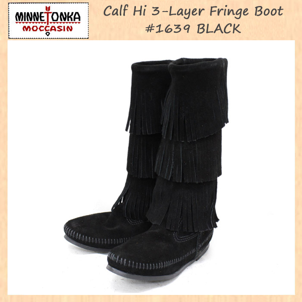 正規取扱店 MINNETONKA(ミネトンカ)Calf Hi 3-Layer Fringe Boot(カーフハイ3レイヤーフリンジブーツ)#1639 BLACK レディース MT055