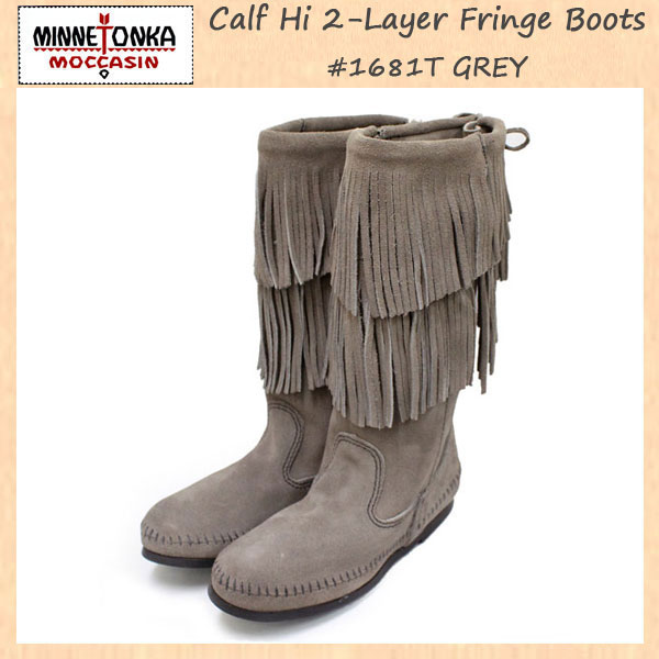 正規取扱店 MINNETONKA(ミネトンカ)Calf Hi 2-Layer Fringe Boot(カーフハイ2レイヤーフリンジブーツ)#1681T GRAYSUEDE レディース MT175