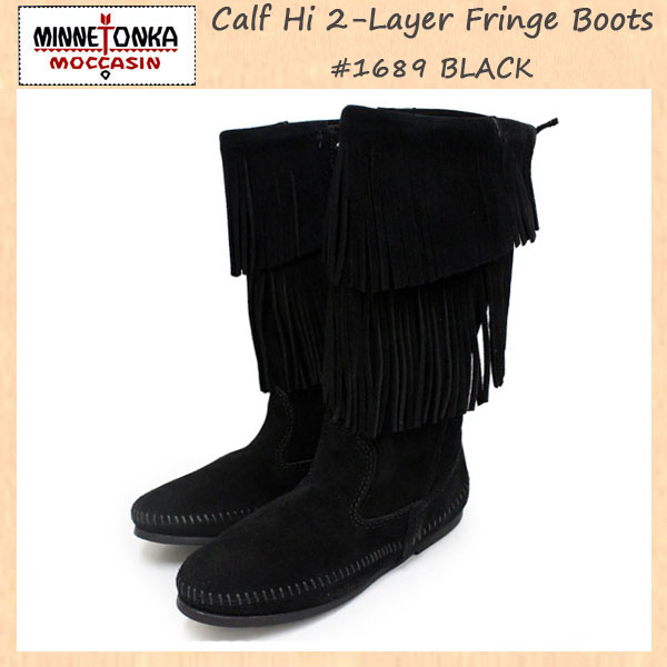 正規取扱店 MINNETONKA(ミネトンカ)Calf Hi 2-Layer Fringe(カーフハイ2レイヤーフリンジ)#1689 BLACK SUEDE レディース MT178