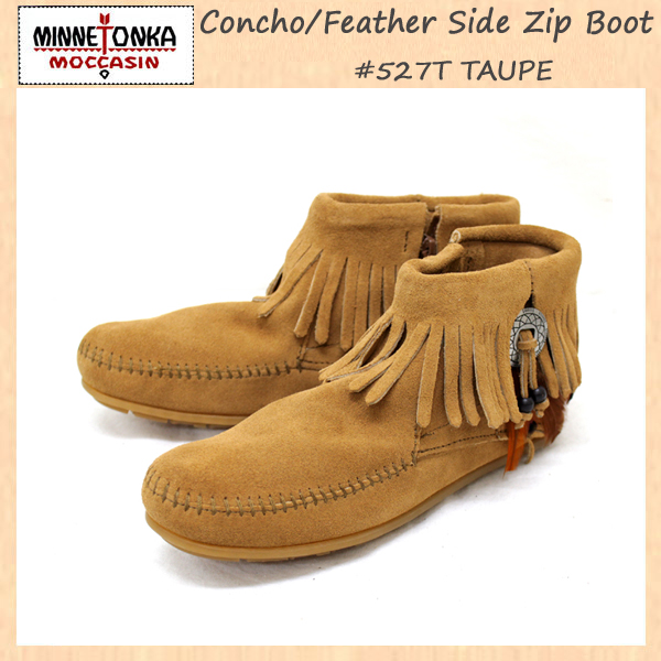 正規取扱店 MINNETONKA(ミネトンカ) Concho Feather Side Zip Boot(コンチョフェザーサイドジップブーツ)#527T TAUPE レディースMT047