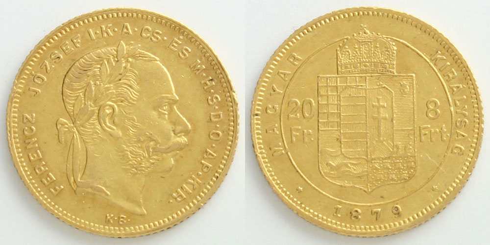 ハンガリー 1879 20フラン8フォリント フランツ・ヨーゼフ1世
