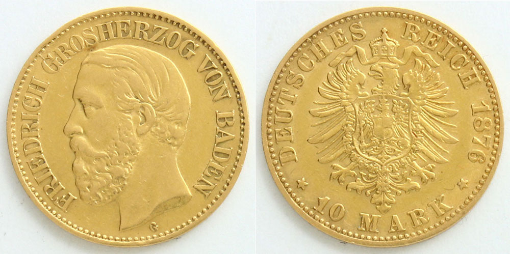 ドイツ帝国 バーデン大公国 1876 10マルク フリードリヒ1世