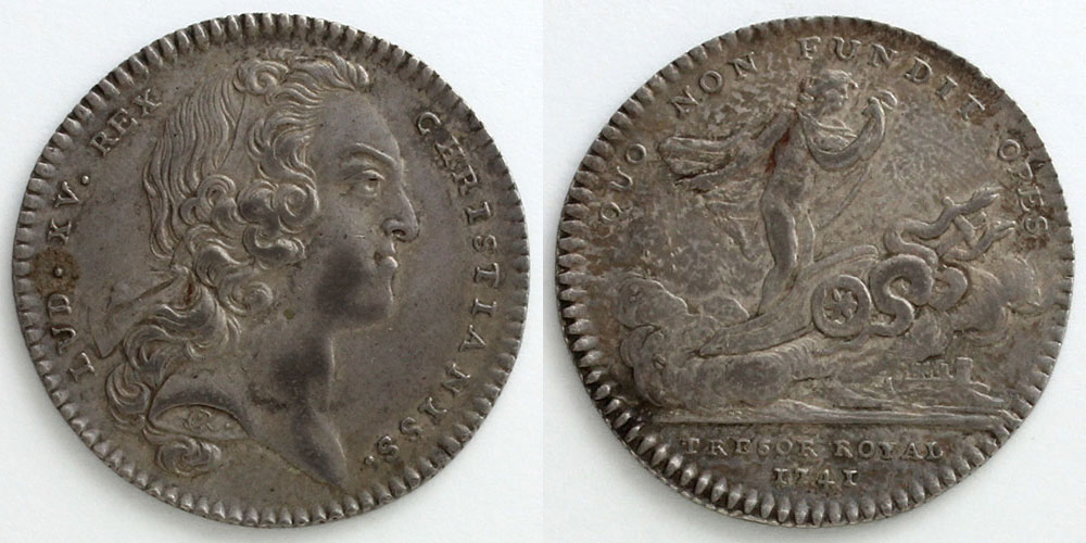 ブルボン朝フランス 1741 ジェトン銀貨 ルイ15世/蛇のビガに乗るトリプトレモス