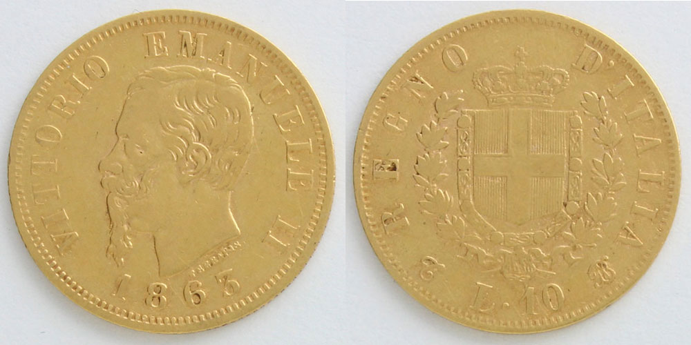 イタリア王国 1863 10リレ ヴィットーリオ・エマヌエーレ2世