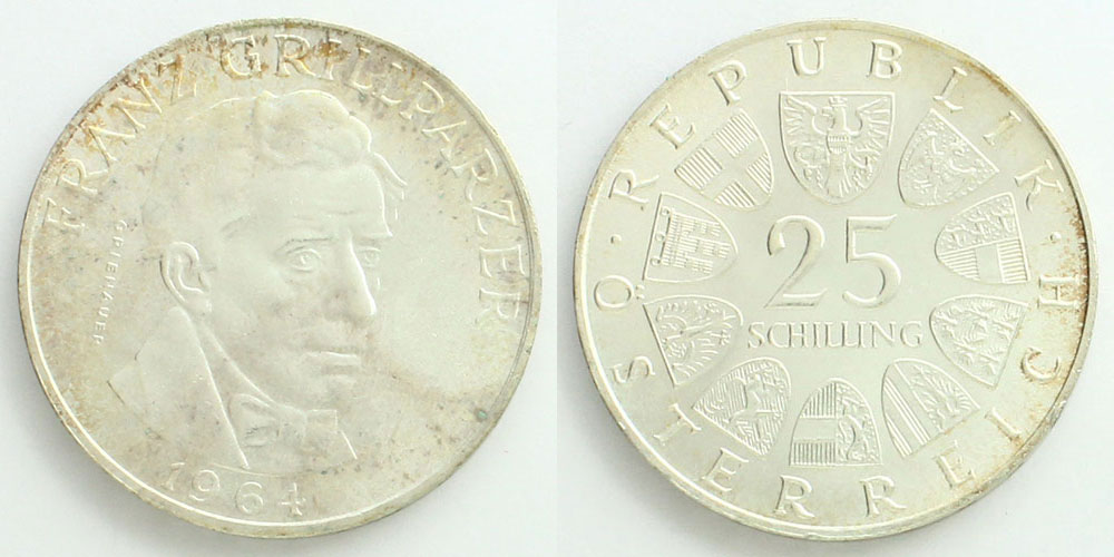 オーストリア 1964 25シリング銀貨 フランツ・グリルパルツァー