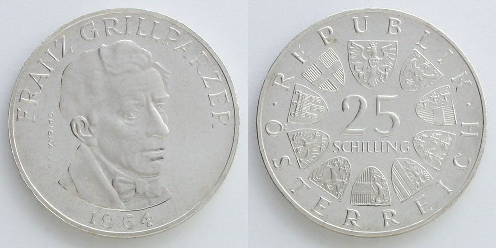 オーストリア 1964 25シリング プルーフ銀貨 フランツ・グリルパルツァー