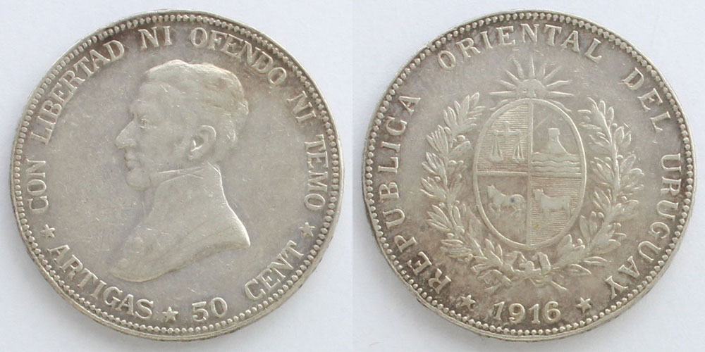ウルグアイ 1916 50センテシモ銀貨 ホセ・アルティガス