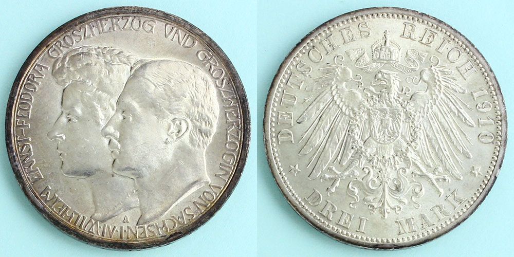 ドイツ帝国 ザクセン=ヴァイマル=アイゼナハ大公国 1910 3マルク銀貨 ヴィルヘルム・エルンスト大公御成婚記念