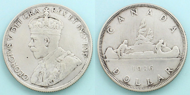 カナダ 1936 1ドル銀貨 ジョージ5世／カヌー