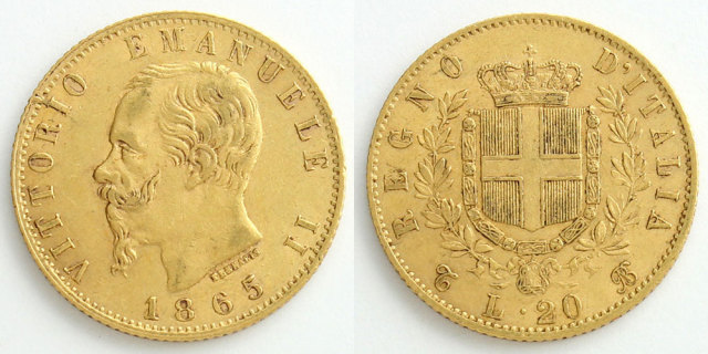 PCGS MS62 イタリア 20リラ　1865　ヴィットリオエマニュエル2世 PCGS MS62 イタリア 20リラ 1865 ヴィットリオエマニュエル2世 PCGS