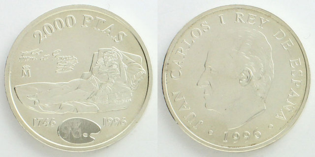 スペイン 1996 2000ペセタ銀貨 着衣のマハ