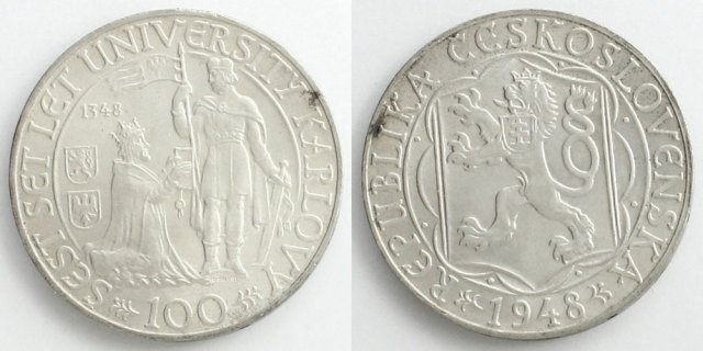チェコスロヴァキア 1948 100コルン銀貨 カレル1世＆聖ヴァーツラフ
