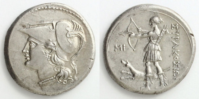 銀貨保証　ギリシャ　マケドニア王国　狩猟の女神アルテミス　古銭　絵銭　貿易銀 アテナ女神／アルテミス女神