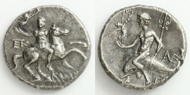 カラブリア ノモス銀貨 ニケ女神と騎兵／イルカに乗るタラス