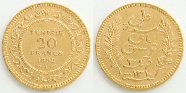 フランス保護領チュニジア 1892 20フラン金貨