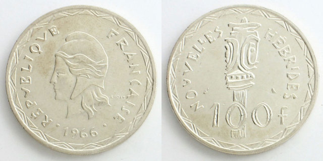 仏領ヌーヴェルゼブリード 1966 100フラン銀貨 マリアンヌ