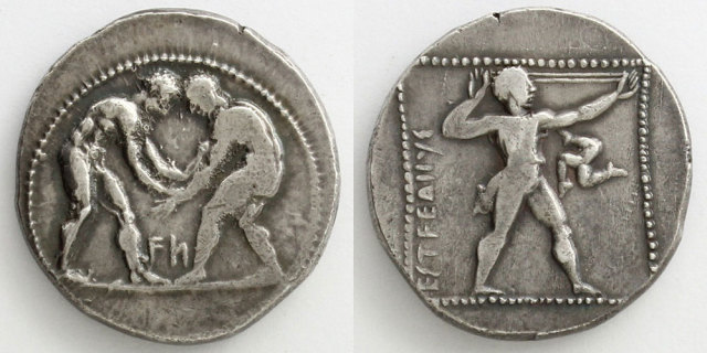 古代ギリシャ　古代ローマ　オリンピック銀貨　レスリング レスリング／投石手