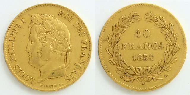 七月王政フランス 1834 40フラン ルイ・フィリップ1世