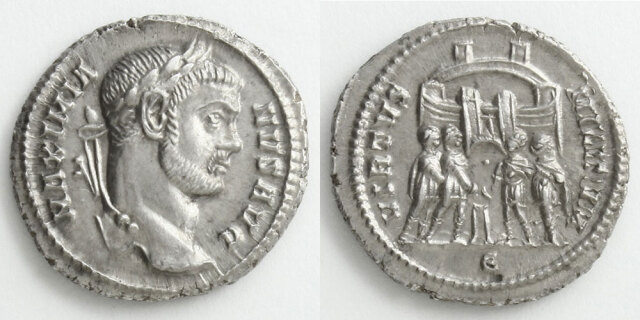 極めて美品 ローマ帝国 マクシミアヌス帝 フォリス 銀メッキ銅貨 古代  マクシミアヌス帝／四皇帝
