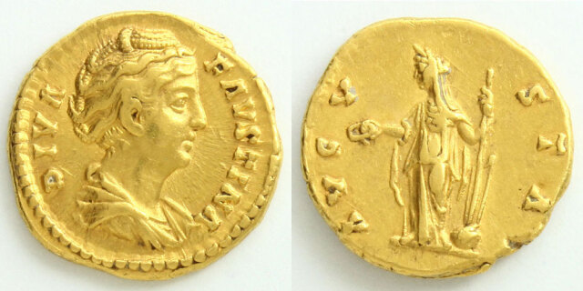 ローマ帝国 アウレウス金貨 大ファウスティナ妃／フォルトゥナ女神