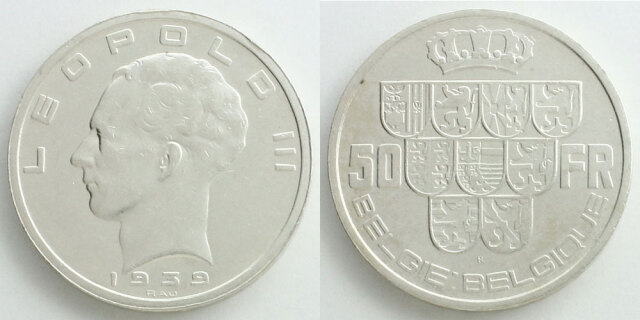 ベルギー 1939 50フラン銀貨 レオポルド3世