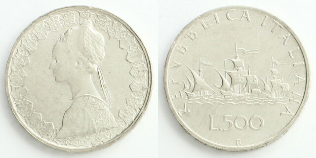 イタリア 1966 500リレ銀貨 ルネサンスの貴婦人／コロンブスの船団