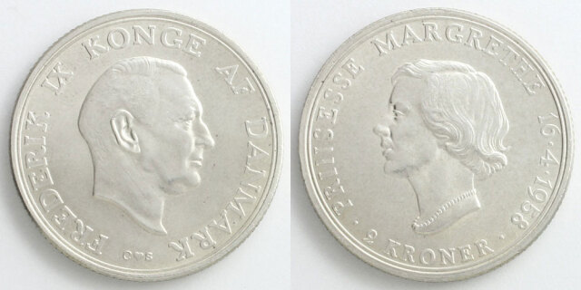 デンマーク 1958 2クローネ銀貨 フレデリク9世／マルグレーテ王女