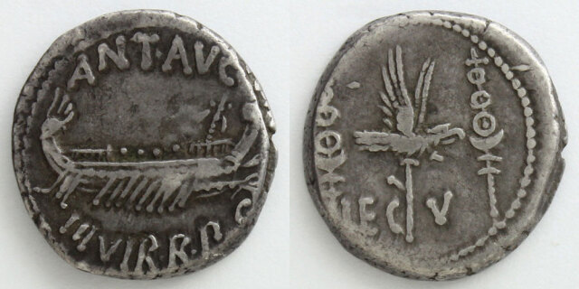 マルクス・アントニウス軍団発行 デナリウス銀貨 ガレー船／軍団記章